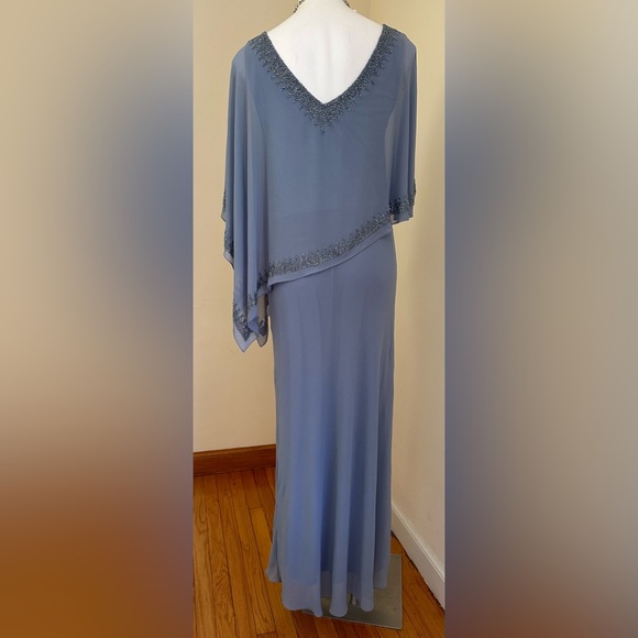 J Kara NWTS Overlay Asymmetrical Maxi Evening Dress Dusty Blue Sheer Bea… - Picture 12 of 16